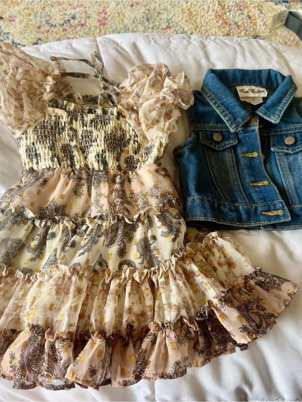 Floral Ruffled Pink & Cream Girls' Dress with Denim Vest